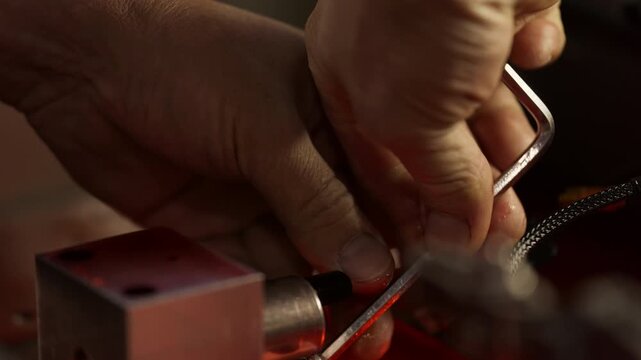 Mechanic installing solenoid in test bench and tightening with hex key