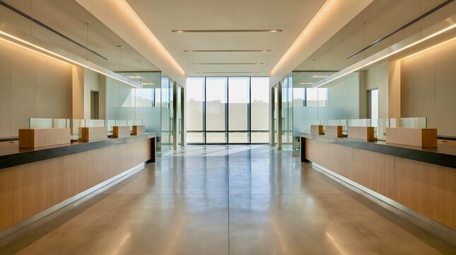 Modern bank branch interior or corporate lobby with service counters, polished concrete floor, and large glass windows