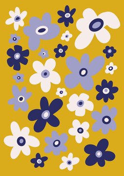 Playful Retro Floral Pattern with Abstract Flowers on Mustard Yellow
