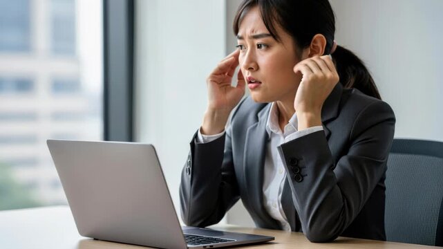 Stressed Businesswoman with Laptop: A young businesswoman sits at her desk, looking worried and overwhelmed as she stares at her laptop screen, her hands touching her temples in a gesture of stress.