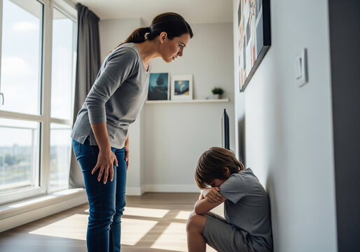 Mother scolding a scared child sitting on the floor, in modern house