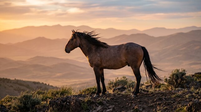 Majestic Wild Mustang Horse Standing on Rocky Mountain Ridge in Idaho United States of America during Golden Sunset with Nevada United States Desert Hills