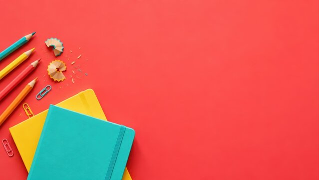 colored pencils, teal and yellow notebooks, paper clips and pencil shavings arranged on red background with large copy space