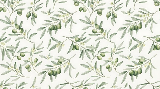 Watercolor olive branch seamless pattern with green leaves and olives on white background