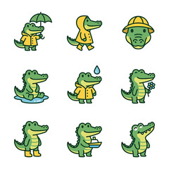 Fototapeta premium Green crocodile mascot wearing yellow raincoat and hat.