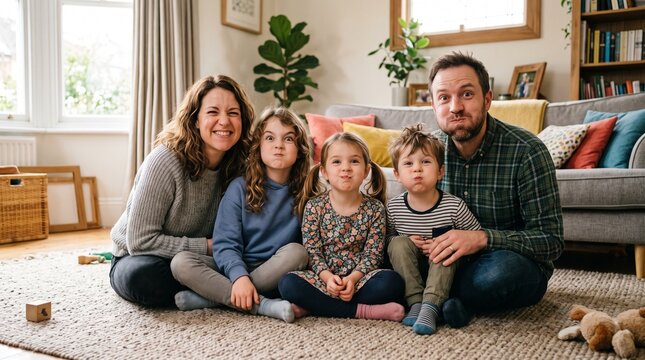 Happy family with three children making funny faces at home