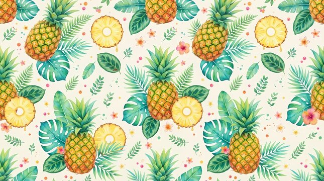 Watercolor Pineapple Pattern with Tropical Leaves and Flowers Seamless Background Design