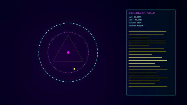 A digital geofence perimeter display showing glowing circular nodes and triangular vector markers shifting positions across three distinct interface panels captured in a minimal graphic style