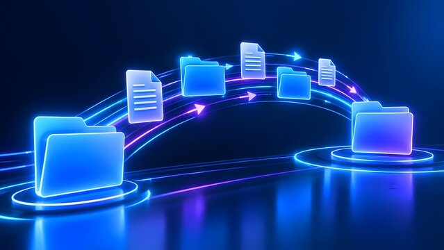 Digital file transfer process with glowing neon folders and directional arrows representing secure cloud storage and data migration