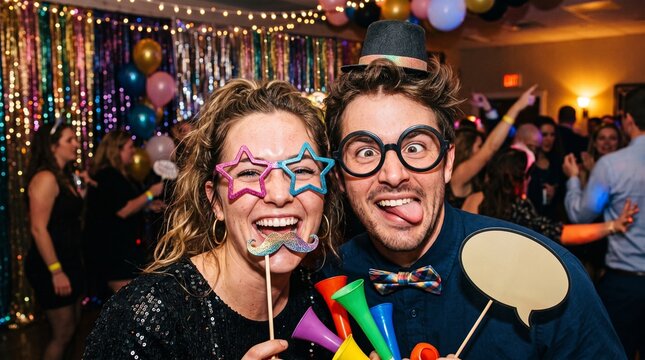 Couple enjoys a fun party with props and festive decorations