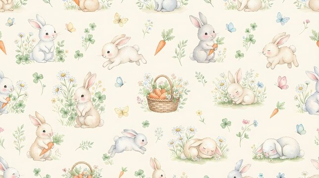 Seamless Easter Pattern with Cute Watercolor Bunnies and Carrots for Spring Holiday Decor