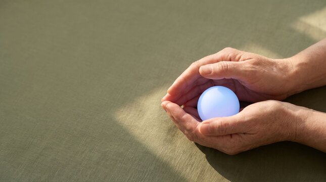 Senior hands gently protecting a glowing blue orb of light on textured fabric, symbolizing swift technological advancement, future energy, and sustainable innovation held with care.