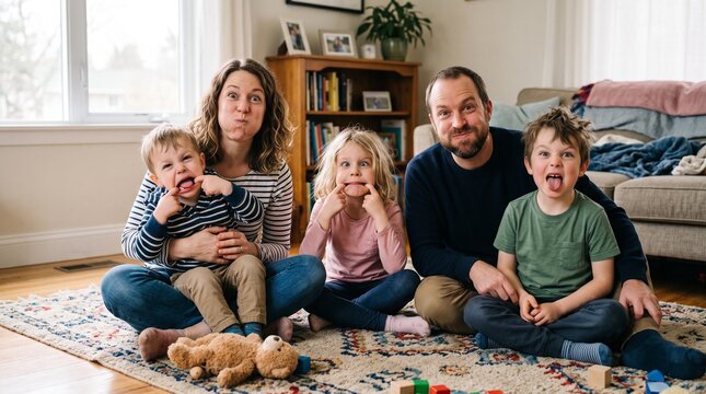 Playful family making funny faces together on the floor at home