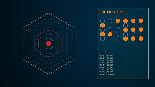 A digital geofence perimeter displayed on a screen with blinking orange indicators and shifting numerical readouts showing automated electronic surveillance of a central red focal point