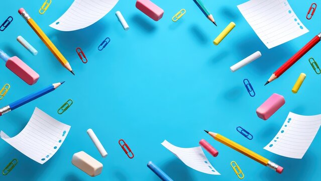 pencils, erasers, paper clips, chalk and lined paper sheets floating on blue background with copy space