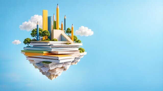 floating island made of books and notebooks with giant pencils, trees and white clouds against bright blue sky