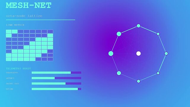 A circular geofence perimeter diagram showing fluctuating connectivity patterns with glowing nodes and grid charts displayed against a shifting vivid violet and electric blue gradient backdrop