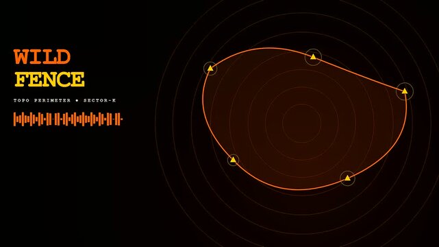 A digital geofence perimeter animation showing circular radar pulses with glowing yellow nodes tracking movement across a dark screen display for mapping spatial data analytics