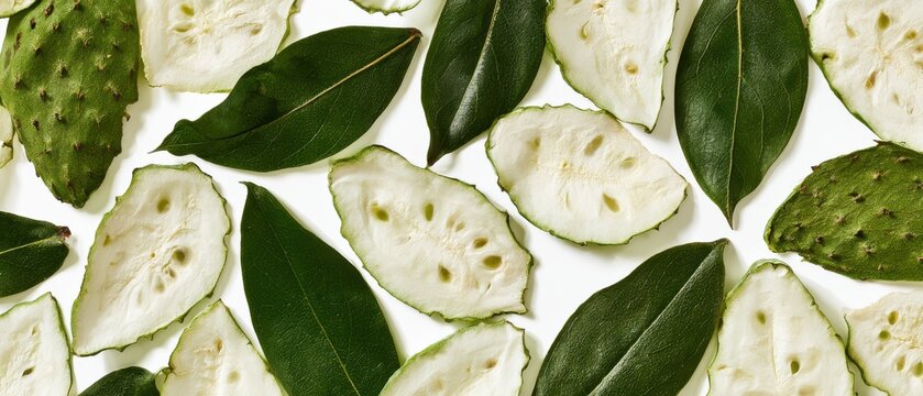 Collection of pressed soursop slices and leathery green leaves, pure white background