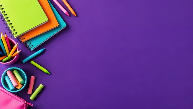 colorful notebooks, pencils, chalk and pencil case arranged on purple background with large copy space