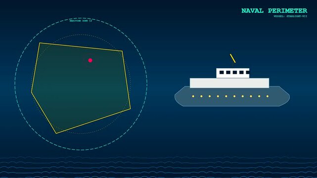A digital geofence perimeter display showing the motion of a vessel as it crosses tracking zones during a marine navigation sequence captured in dark blue