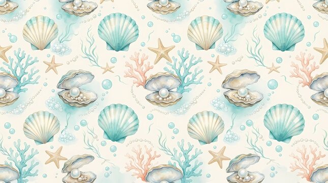 Watercolor seamless pattern with seashells, pearls, and coral reef elements.