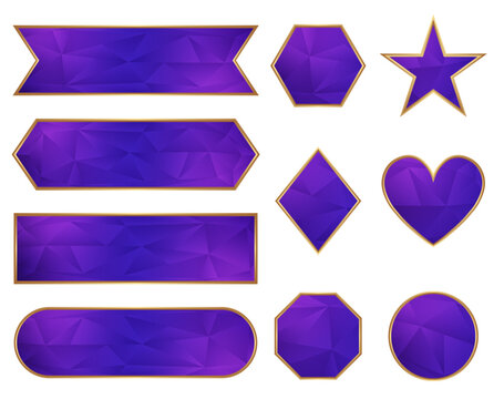 Purple low poly geometric buttons set with gold borders, banner ribbons, star, heart, and polygon shapes vector illustration