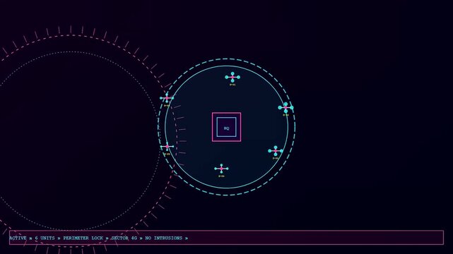 A digital geofence perimeter is displayed across three panels showing multiple drones orbiting a central station with light pulses and data monitoring symbols in space