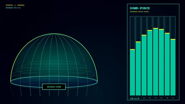 A digital geofence perimeter light dome glows with animated holographic bar charts tracking shifting energy levels in a dark electronic interface display for monitoring data