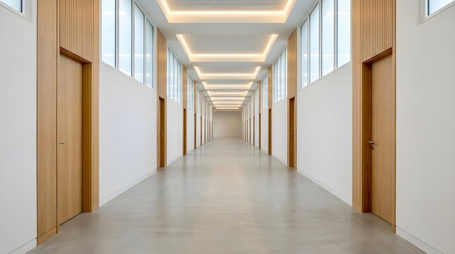 Modern long office corridor or institutional hallway with wooden doors, high ceilings, recessed lights, and polished concrete floor