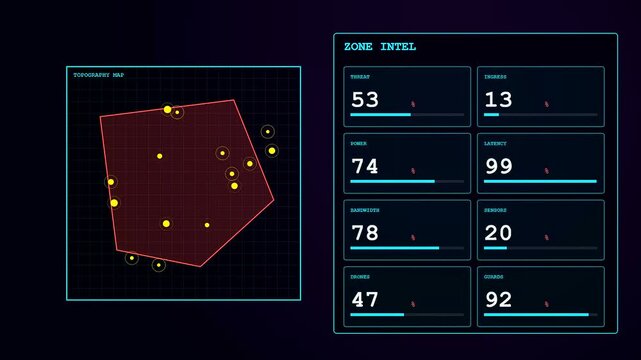 A digital geofence perimeter animation displays flickering numerical values on a dark grid interface as geometric polygons shift dynamically across the screen in this sequence