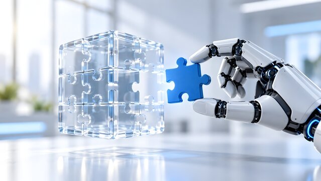 Robotic hand placing a blue puzzle piece into a transparent 3D glass cube puzzle representing artificial intelligence, precise engineering, and complex problem solving.