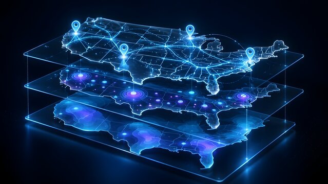 Futuristic 3D map of the United States with glowing blue nodes and connecting lines on layered screens representing logistics, network connection, and digital infrastructure.