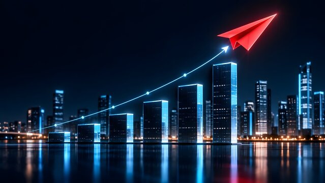 Red paper airplane flying upward over glowing glass bar charts resembling a city skyline at night representing corporate financial growth.
