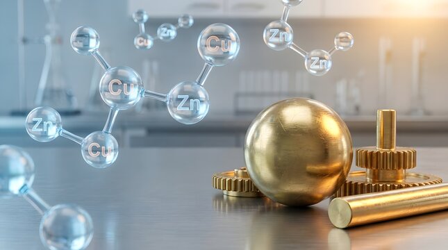 Scientific photograph of a polished brass alloy sample composed of copper and zinc, displayed alongside abstract molecular structures in a laboratory setting.