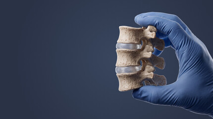 Obraz premium Close-up of anatomical spine model held in blue medical glove