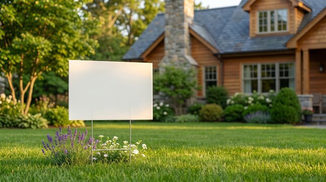 A blank white sign stands in the front yard of a charming wooden house, set against a backdrop of lush greenery and blooming flowers