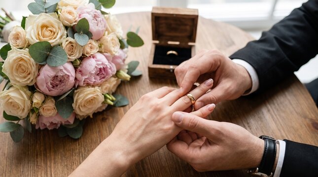 A close-up shot of a wedding ring being placed on a finger, surrounded by a beautiful bouquet of flowers and an open ring box. The scene evokes romance and commitment