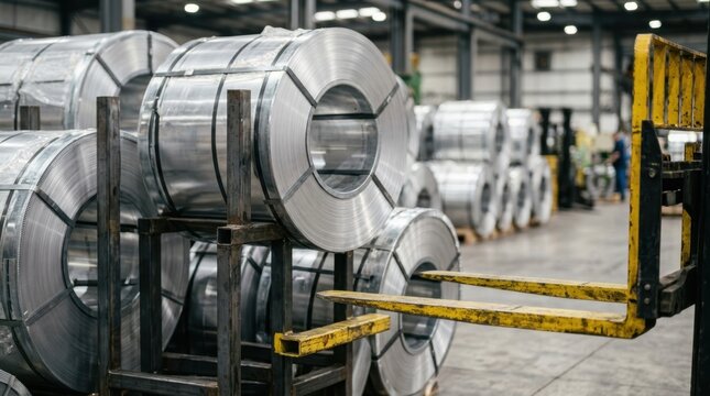 Stacked aluminum coils in a storage bay with forklift forks and protective wrapping