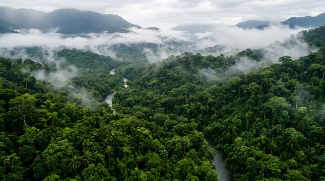 Rainforest canopy aerial, dense green, mist, conservation concept, no text no people