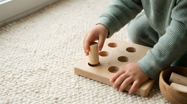 Toddler inserting wooden peg cylinder into board toy on carpet floor indoors
