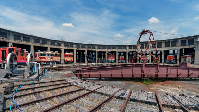 Old trains stored at the roundhouse and turntable depot