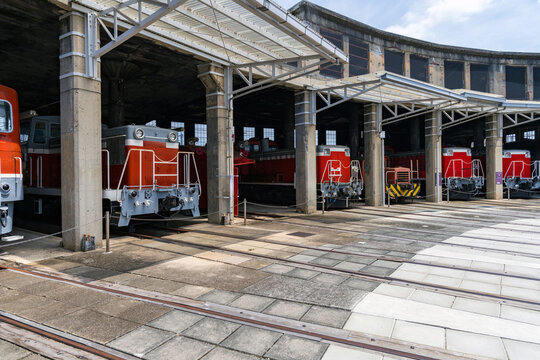 Old trains stored at the roundhouse and turntable depot