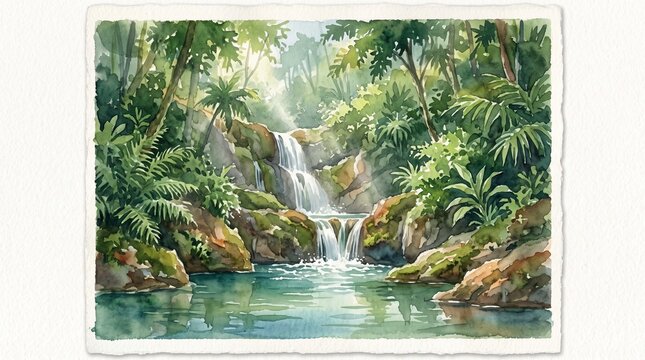 watercolor jungle waterfall