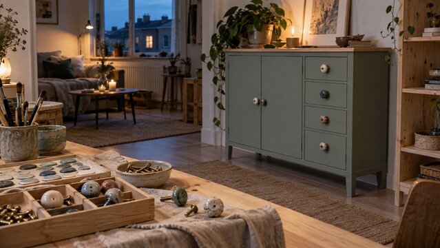 A green wooden cabinet with stone knobs stands in a room, while a wooden table in the foreground holds various ceramic knobs, small stones, and tools