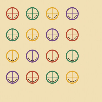 Minimalist geometric smile icons on cream paper, retro colorful smiley face pattern, vintage aesthetic graphic design elements