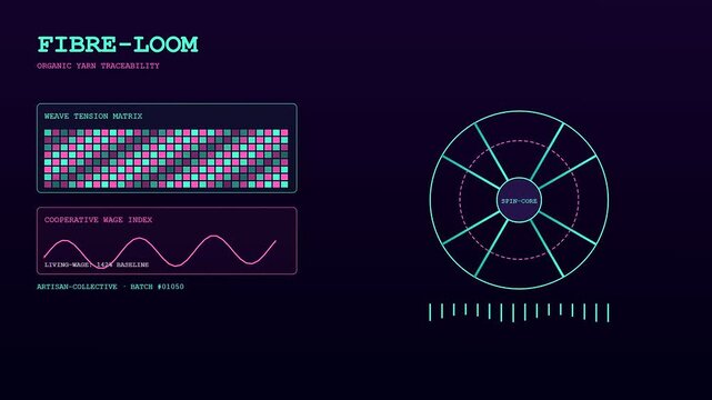 Digital displays showcasing ethicalsourcing data metrics with glowing geometric shapes and oscillating wave graphs presented in a triple panel animation style on a dark purple surface