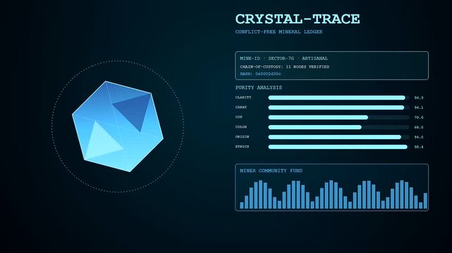 Ethical sourcing protocols appear as holographic geometric crystal interfaces displaying analytical data streams on a dark digital panel showcasing movement within a complex virtual tracking system