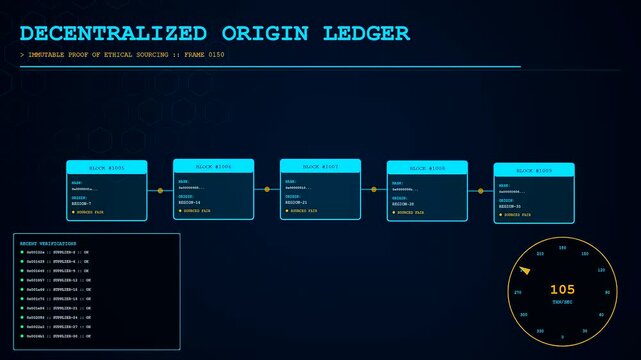 A digital representation showing ethicalsourcing within a blockchain network progression where nodes represent secure data packets flowing across a dark blue interface for global transparency