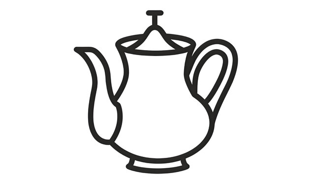 Black and white minimalist icon illustration of an elegant vintage teapot outline, ideal for tea shop logos, hot beverage menus, kitchenware graphics, tea time symbols, and web design.